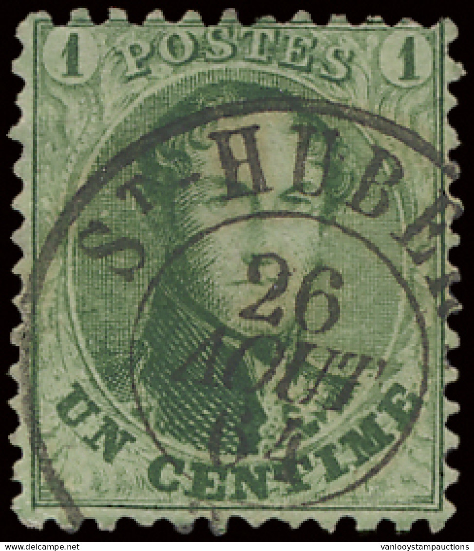 N° 13A 1c. Groen, Tanding 1/2 X 13 1/2, D.C.a St.-Hubert, Centrale Afstempeling, Zm (OBP +€40) - 1863-1864 Medallones (13/16)