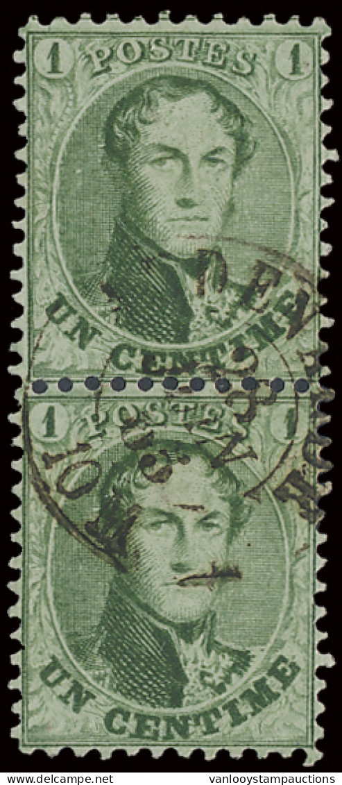 N° 13A 1c. Groen, Tanding 12 1/2 X 13 1/2, D.C.a Audenaerde In Rechtopstaand Paar, 1 Enkele Afstempeling Op Beide Zegels - 1863-1864 Médaillons (13/16)