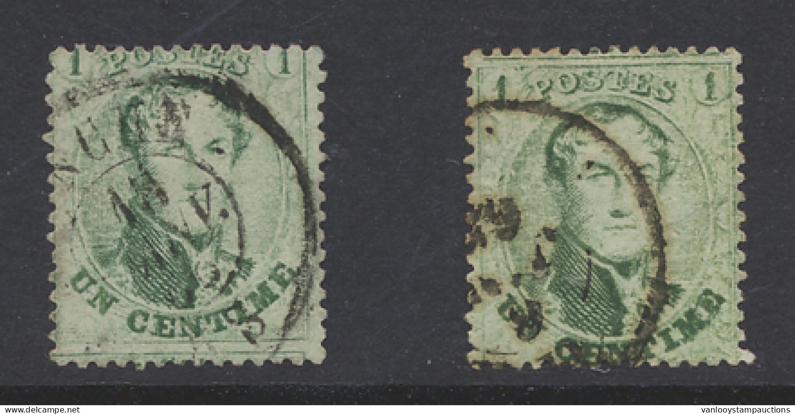 N° 13Ba 1c. Lichtgroen Met Tanding 14 1/2, 2 Exemplaren W.o. Marche, Zm (OBP +€60) - 1863-1864 Medallions (13/16)