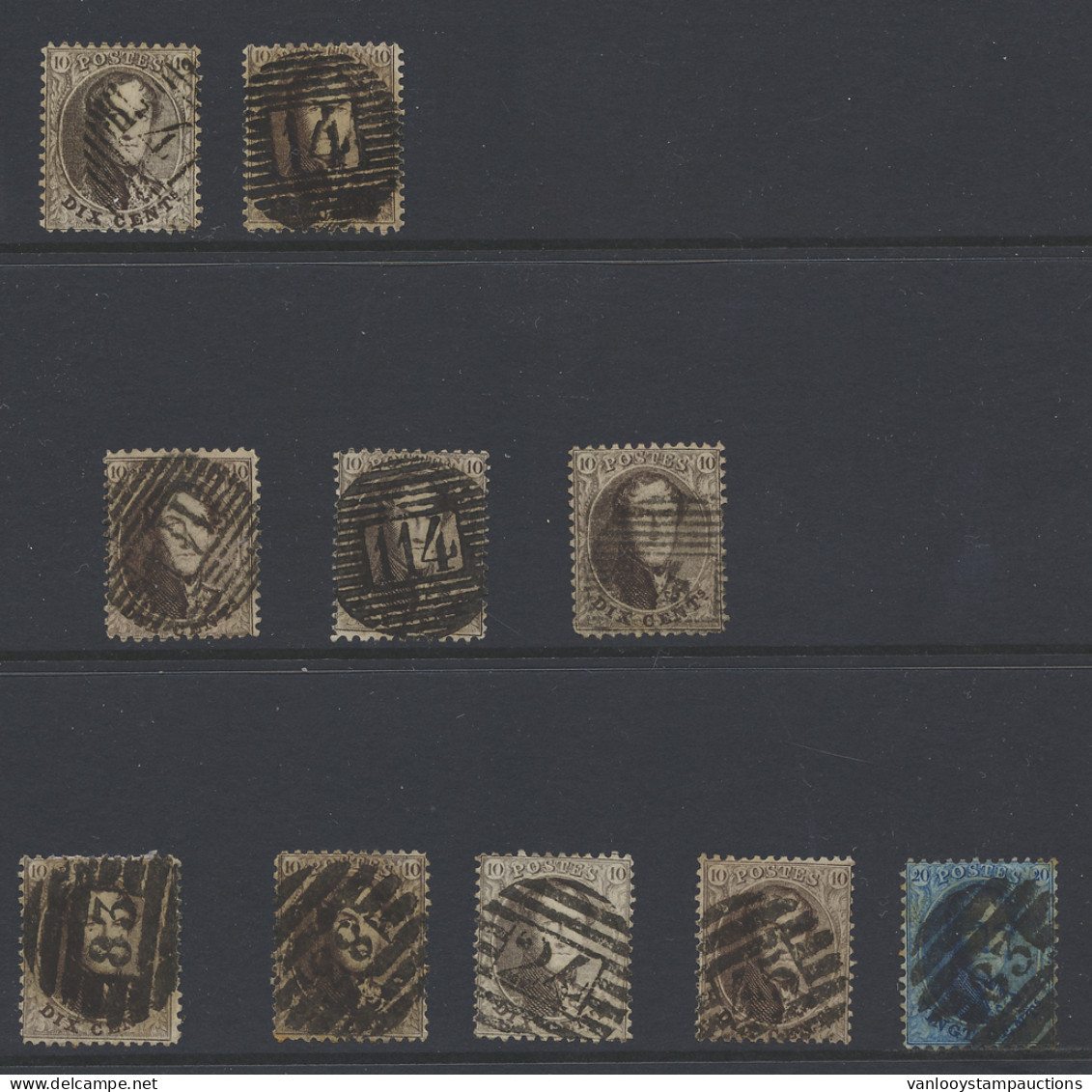 N° 14 10c. Bruin, 9 Exemplaren, Alles Met Balkenstempels (ook 8- En 10-balken) P.41-Florenville En P.14-Beaumont, N° 15  - 1863-1864 Medallions (13/16)
