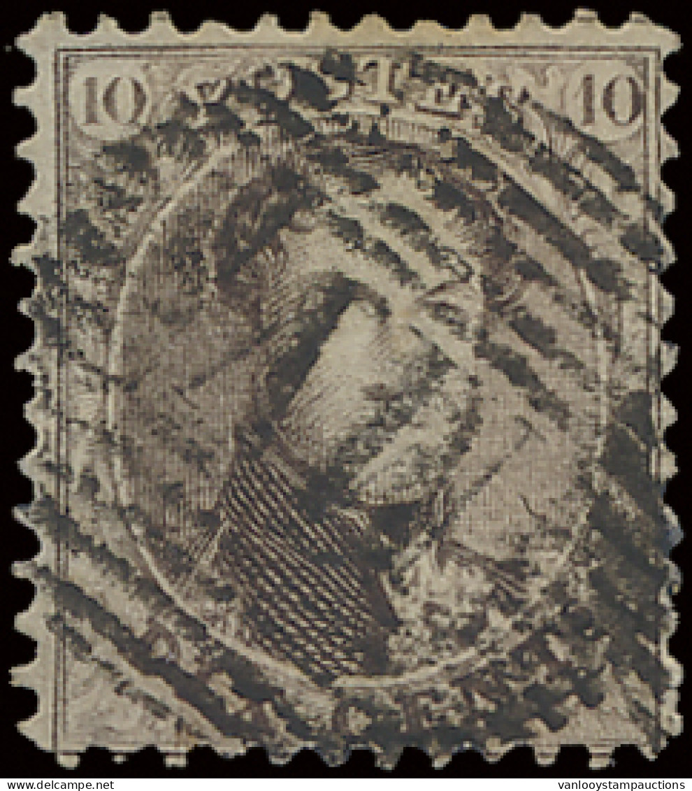 N° 14 10c. Bruin, Afstempeling M.V. (17-balkenstempel), Maar Centraal Gestempeld (maar Op Zijn Kop), Zm (COBA +€40) - 1863-1864 Medallions (13/16)