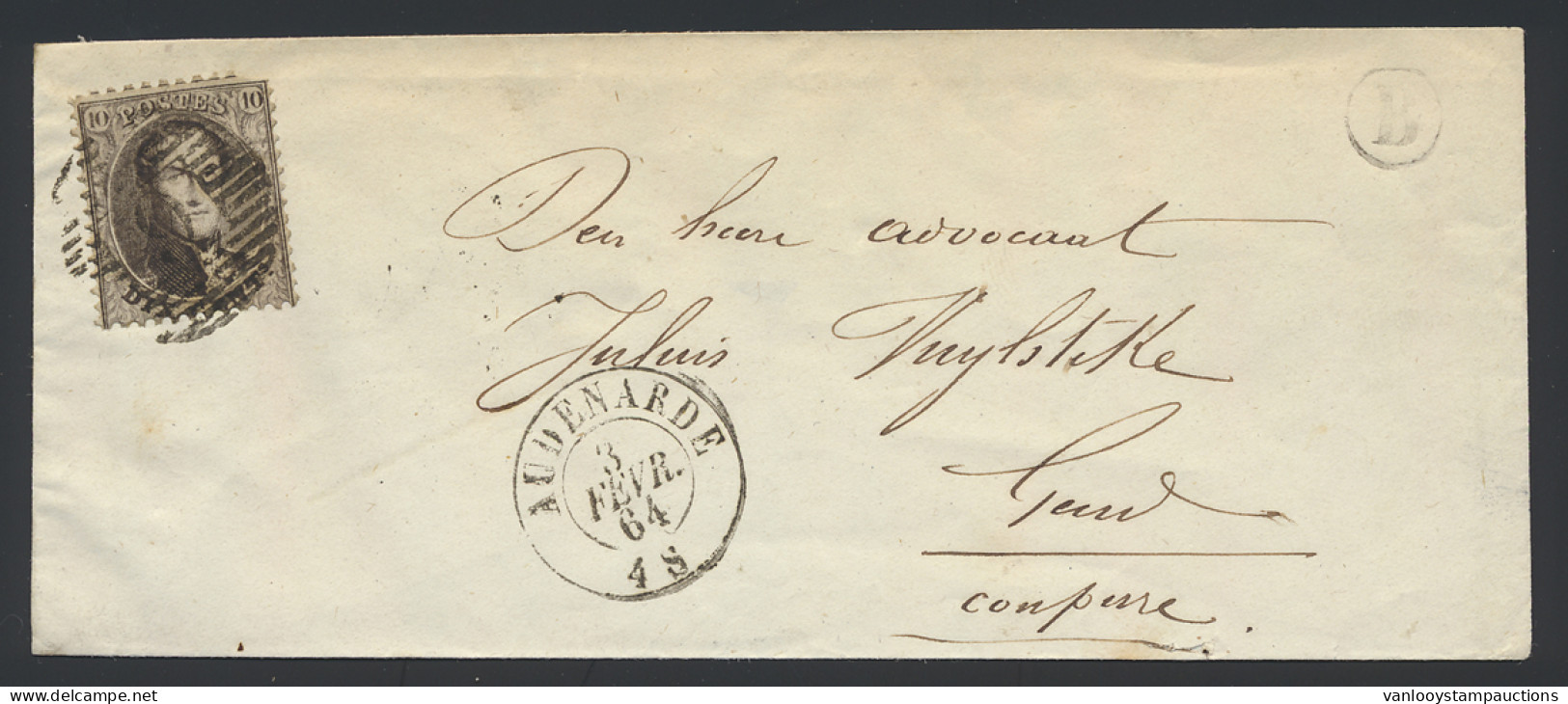 N° 14 10c. Bruin Op Env. P9, Audenaerde, Dd. 3 Febr. 64, Met Postbus Z, Naar Gent, Zm - 1863-1864 Medallones (13/16)