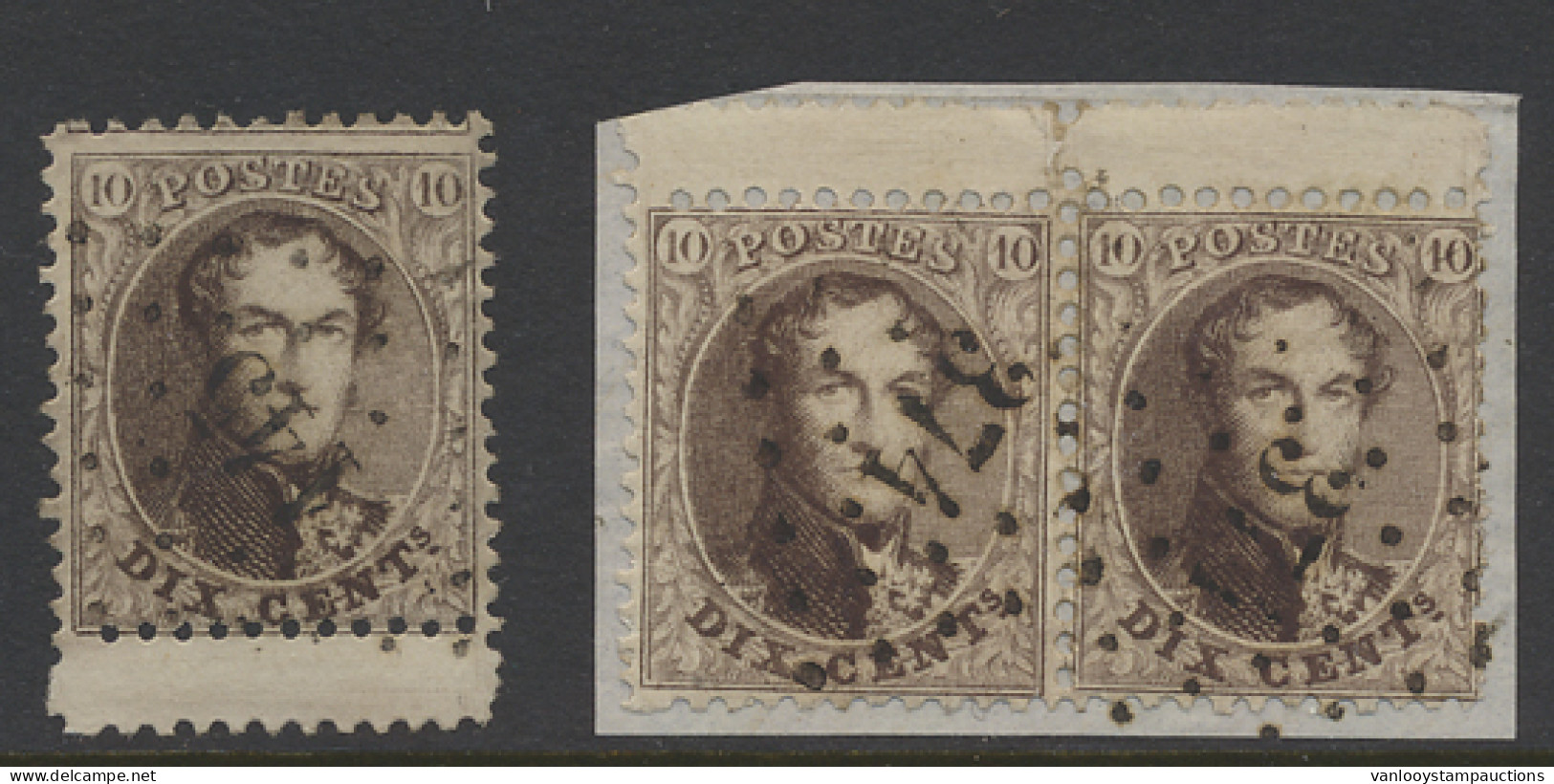 N° 14A 10c. Bruin, Tanding 12 1/2 X 13 1/2, Puntstempel 145 (met Onderbladboord) En Puntstempel 374 (met Bovenbladboord  - 1863-1864 Medallones (13/16)