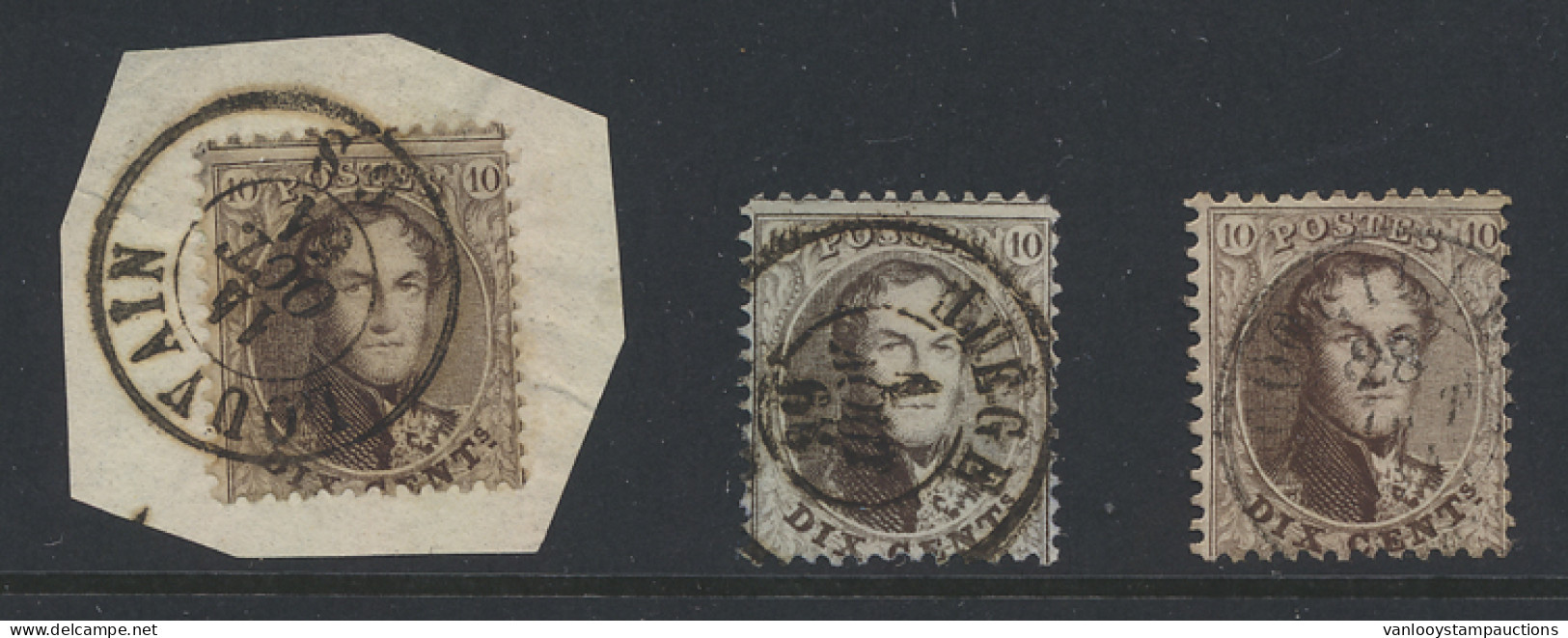 N° 14A 10c. Bruin, Tanding 12 1/2 X 13 1/2, 3 Exemplaren, D.C.a (Louvain Op Fragment En Liège), 1 Stempel Met Zoekwerk ( - 1863-1864 Medallions (13/16)