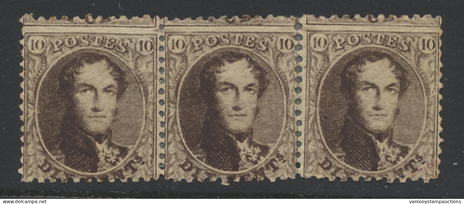 * N° 14A In Strip Van 3 (horizontaal), Buitenste Zegels Roestpuntjes En Versterkt Op Tanding, Ntz (OBP €675) - 1863-1864 Medallions (13/16)