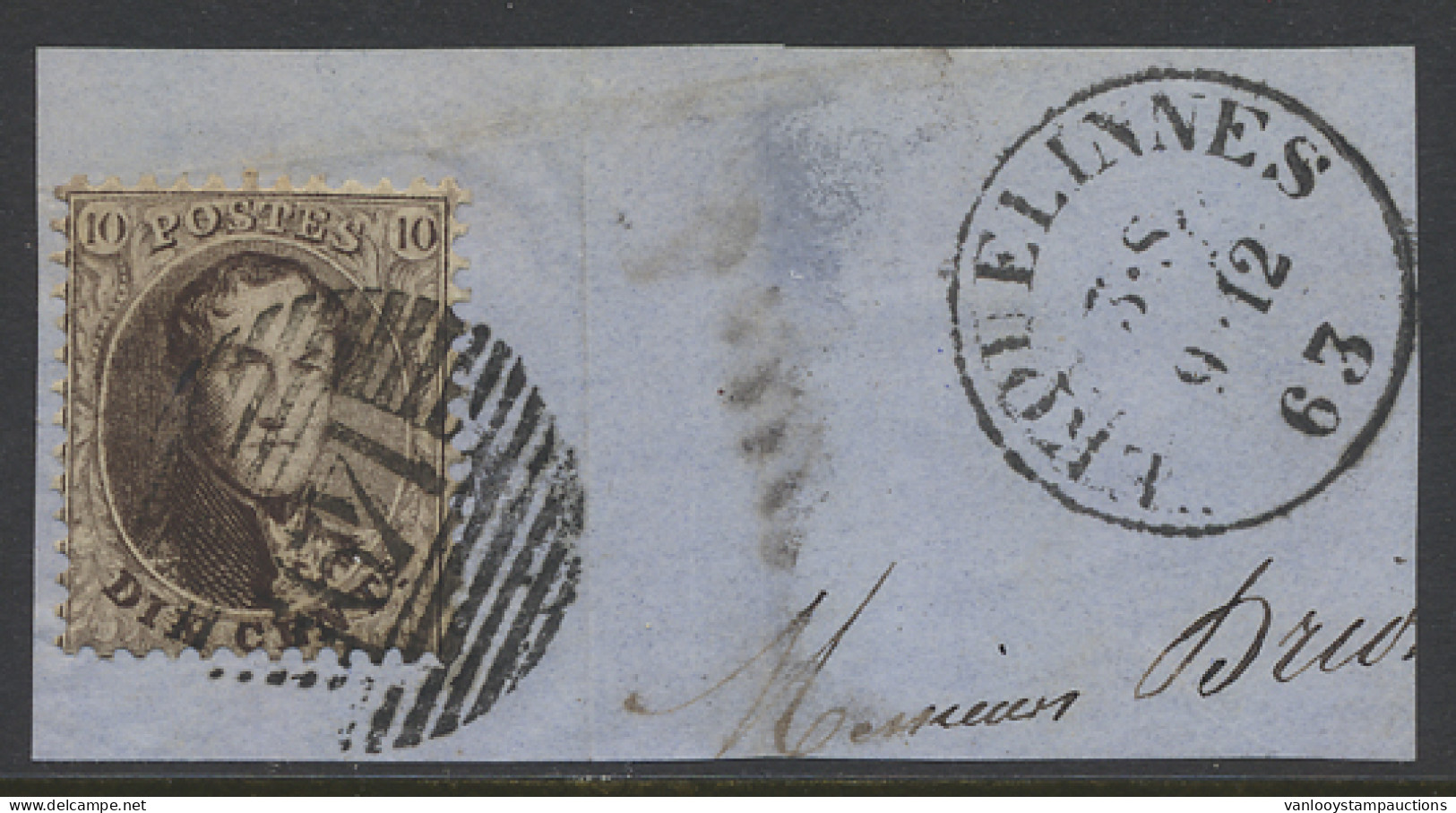 N° 14A 10c. Bruin, Tanding 12 1/2 X 13 1/2, P.149-Erquelinnes Op Fragment, Dd. 9/12/63, Zm (COBA +€20) - 1863-1864 Medallones (13/16)