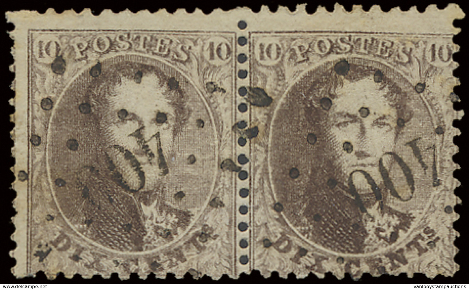 N° 14A 10c. Bruin, Tanding 12 1/2 X 13 1/2, Puntstempel 400 Westerloo In Paar, Zm (COBA +€40) - 1863-1864 Medaillen (13/16)