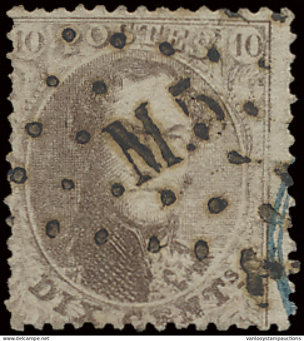 N° 14B 10c. Bruin, Tanding 14 1/2, Ambulant M.5 (Bruxelles-Namur) Met Restant Van Blauwe Vertrekstempel, Zm (COBA +€20) - 1863-1864 Medallions (13/16)