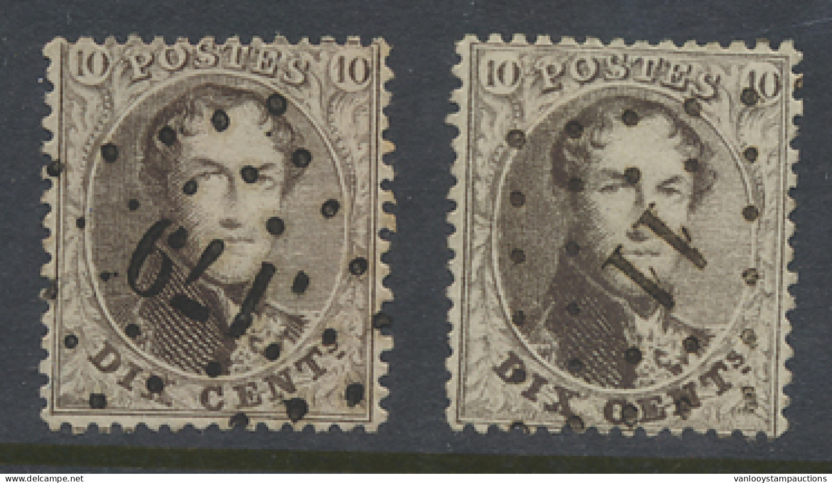 N° 14B 10c. Bruin, Tanding 14 1/2, Puntstempel 11 Antoing, Puntstempel 179 Herve, Mooi Leesbare Stempel, Zm (COBA €18) - 1863-1864 Medallones (13/16)