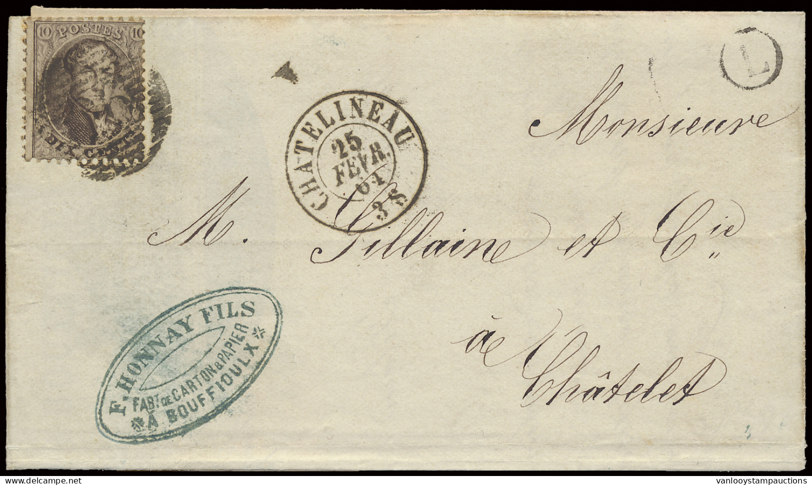 1864 N° 14 10c. Bruin Op Brief Met Inhoud Dd. 25 Februari 1864, Vanuit Châtelineau, Met Postbus L, Bouffioulx Naar Châte - 1863-1864 Médaillons (13/16)