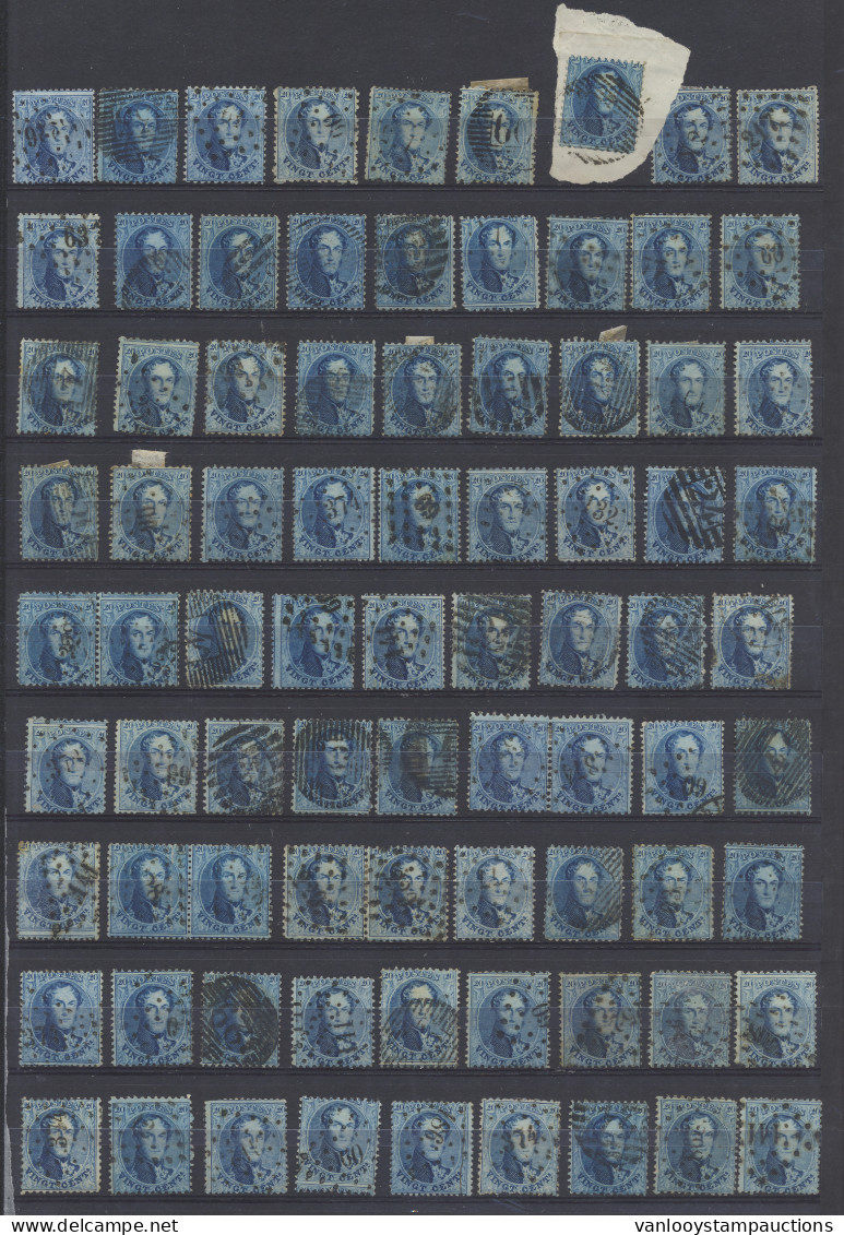 N° 15 20c. Blauw, Meerdere Tandingen, Met Balk En Puntstempels, Voor Plating En Variëteiten, Voor De Specialist (+162 Ex - 1863-1864 Médaillons (13/16)