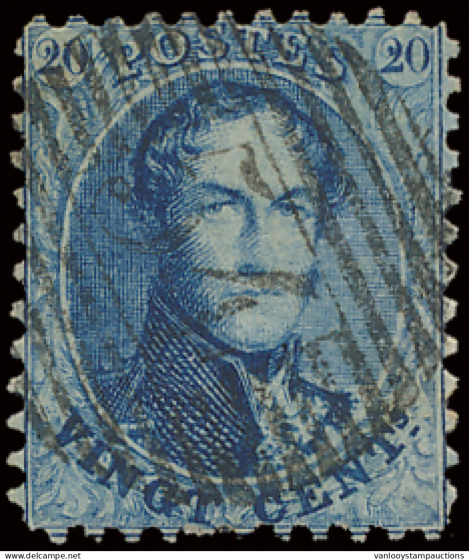 N° 15 20c. Blauw, Tanding 12 1/2, P.54-Hamme, Zeer Goed Leesbare Stempel, Centraal Gestempeld, Zm (COBA +€30) - 1863-1864 Medallions (13/16)