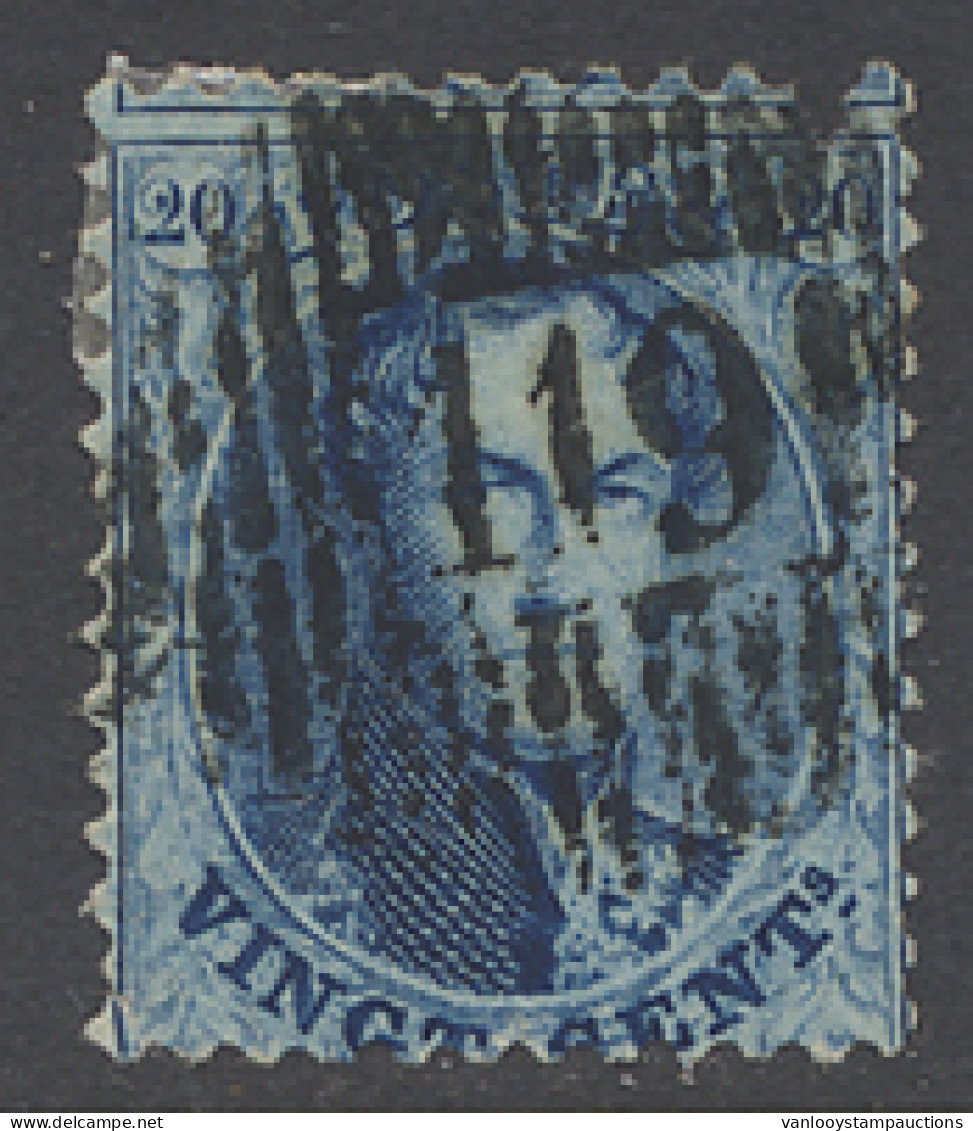 N° 15 20c. Blauw Met Mooie Afstempeling D.119-Obourg, Zegel Heeft Bovenaan Inkeping (ntz), M/ntz (COBA +€50) - 1863-1864 Medallions (13/16)