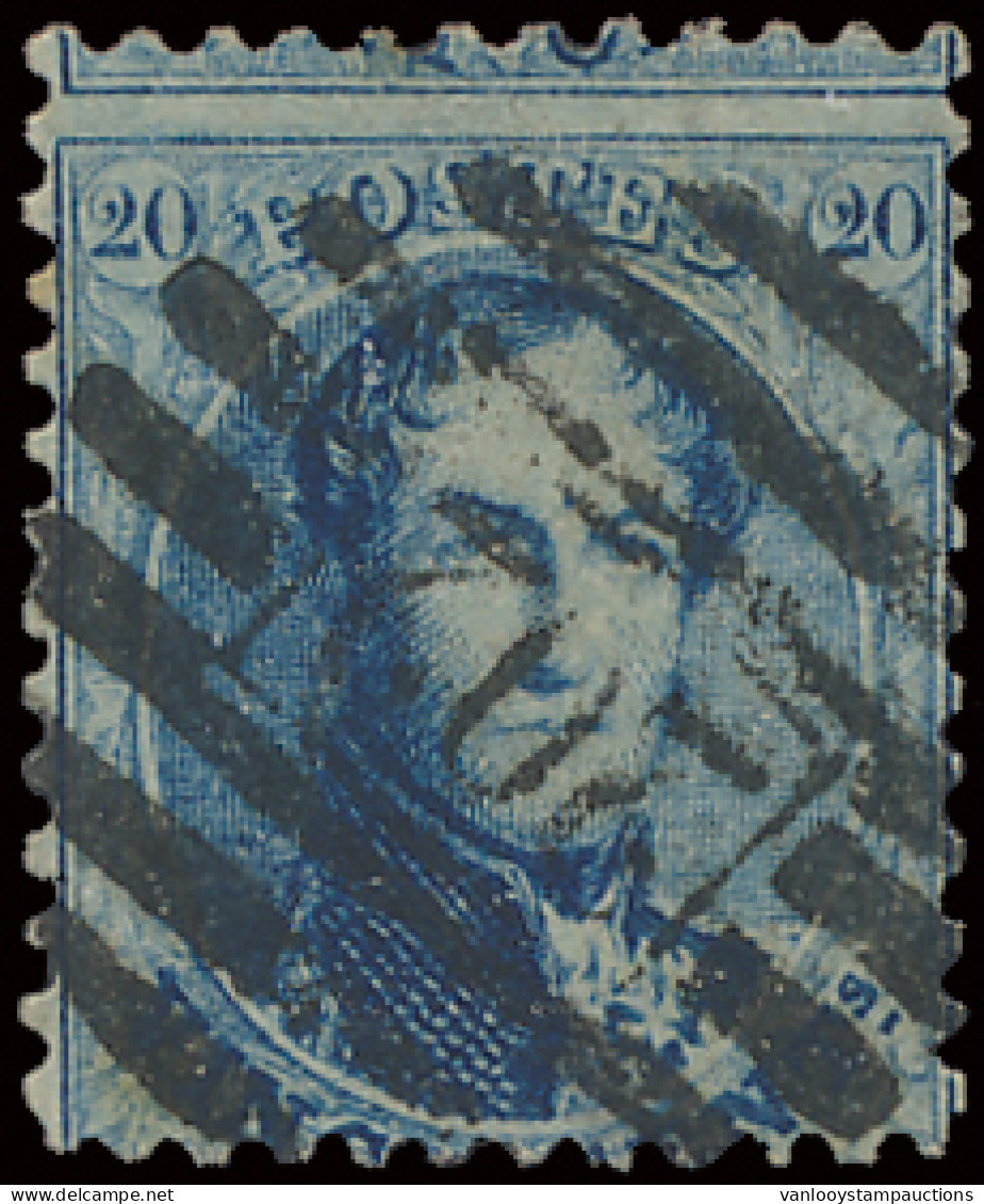 N° 15 20c. Blauw, Tanding 12 1/2, P.202-Fléron (8-balkenstempel), Zm (COBA €25) - 1863-1864 Medaillen (13/16)