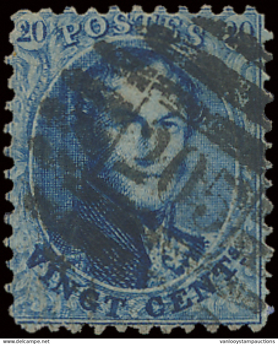 N° 15 20c. Blauw, Tanding 12 1/2, P.205-Pâturages (8-balkenstempel), Mooie Centrale Afstempeling, Zm (COBA €30) - 1863-1864 Médaillons (13/16)