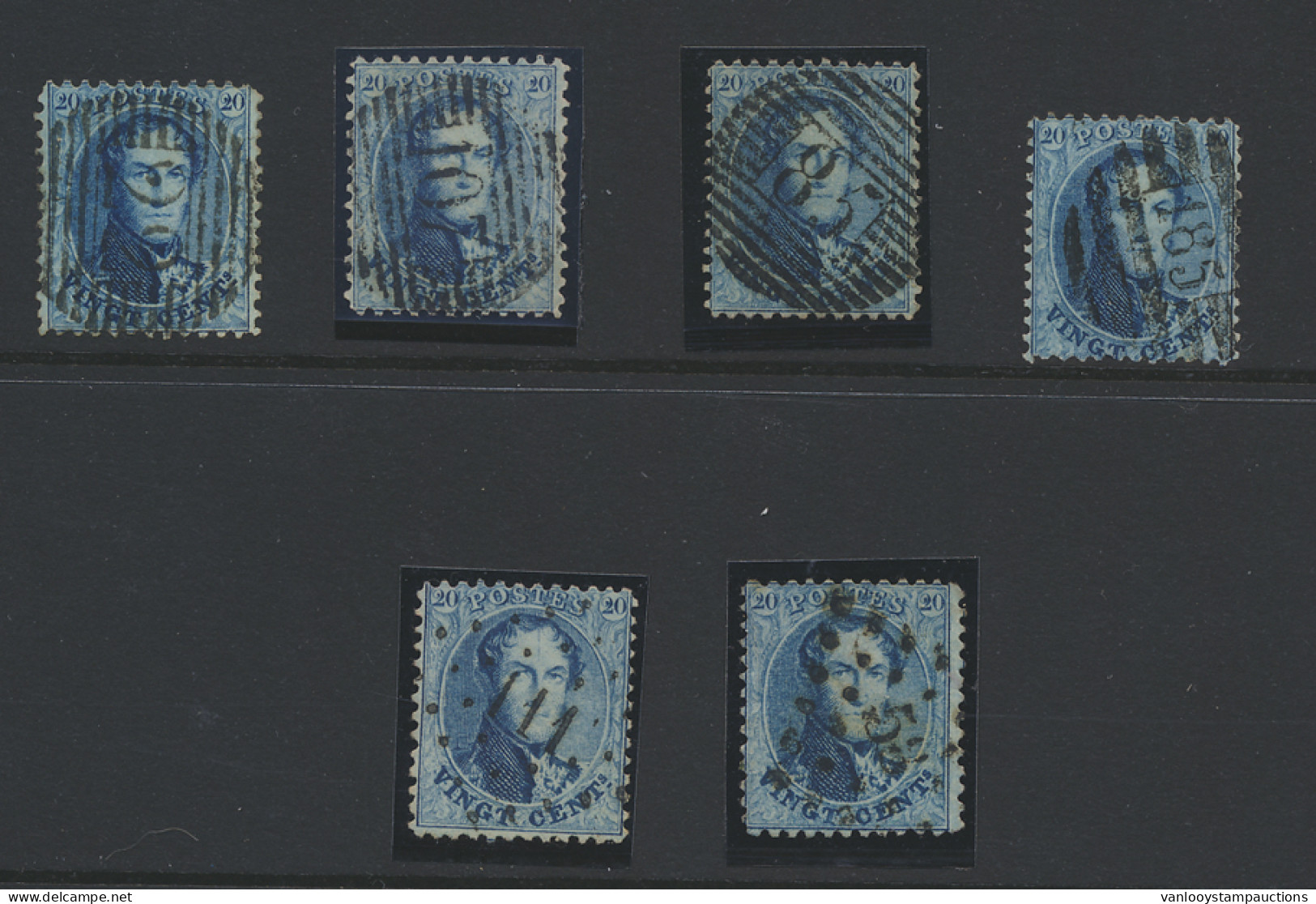 N° 15 20c. Blauw, Tanding 12 1/2, 6 Exemplaren Met P.22, P.85, P.107, P.185 (8-balkenstempel), Puntstempels 58 En 111, Z - 1863-1864 Medallions (13/16)