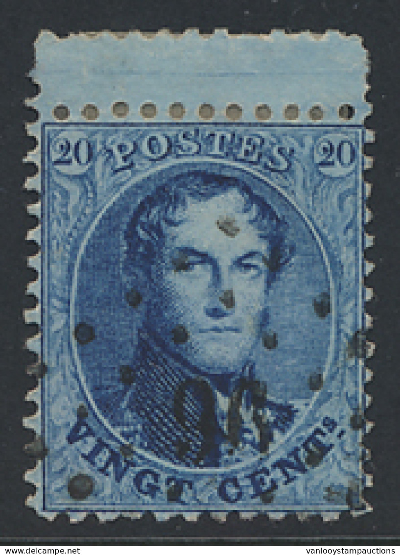 N° 15A 20c. Blauw, Tanding 12 1/2 X 13 1/2, Interpanneau Bovenaan, Zm - 1863-1864 Médaillons (13/16)