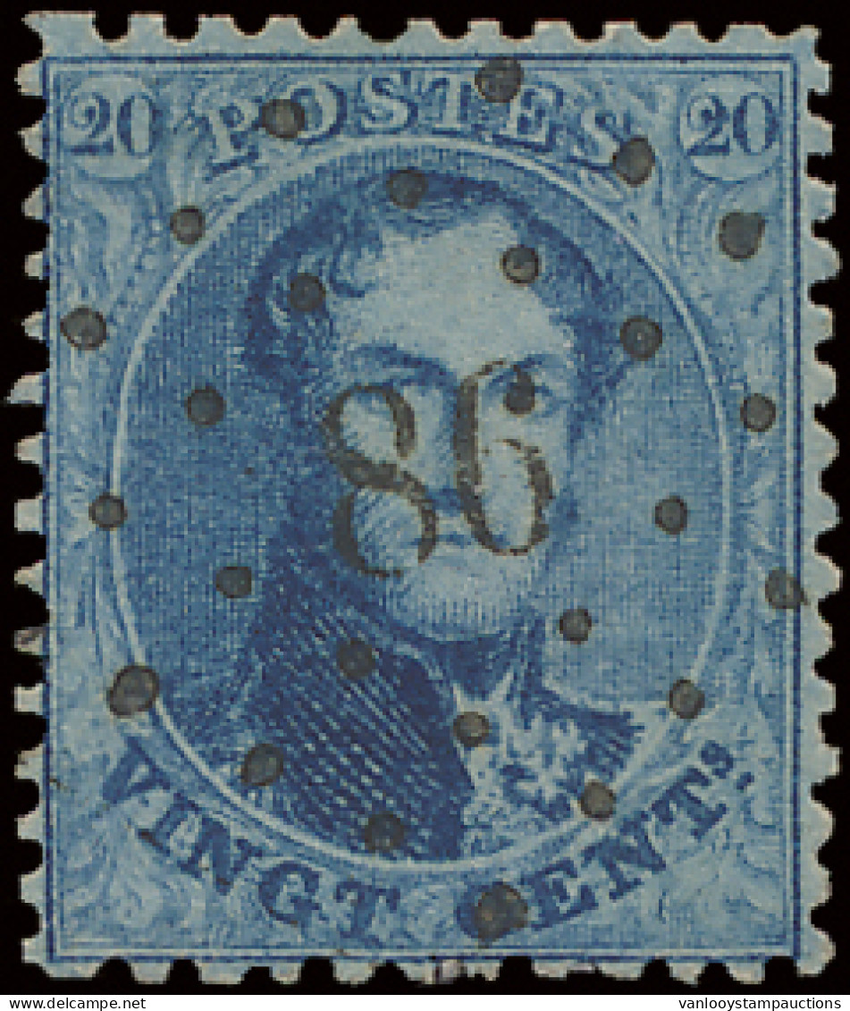 N° 15A 20c. Blauw, Tanding 12 1/2 X 13 1/2, Puntstempel 86 Contich, Zeer Mooie Centrale Afstempeling, Zm (COBA +€30) - 1863-1864 Medallions (13/16)