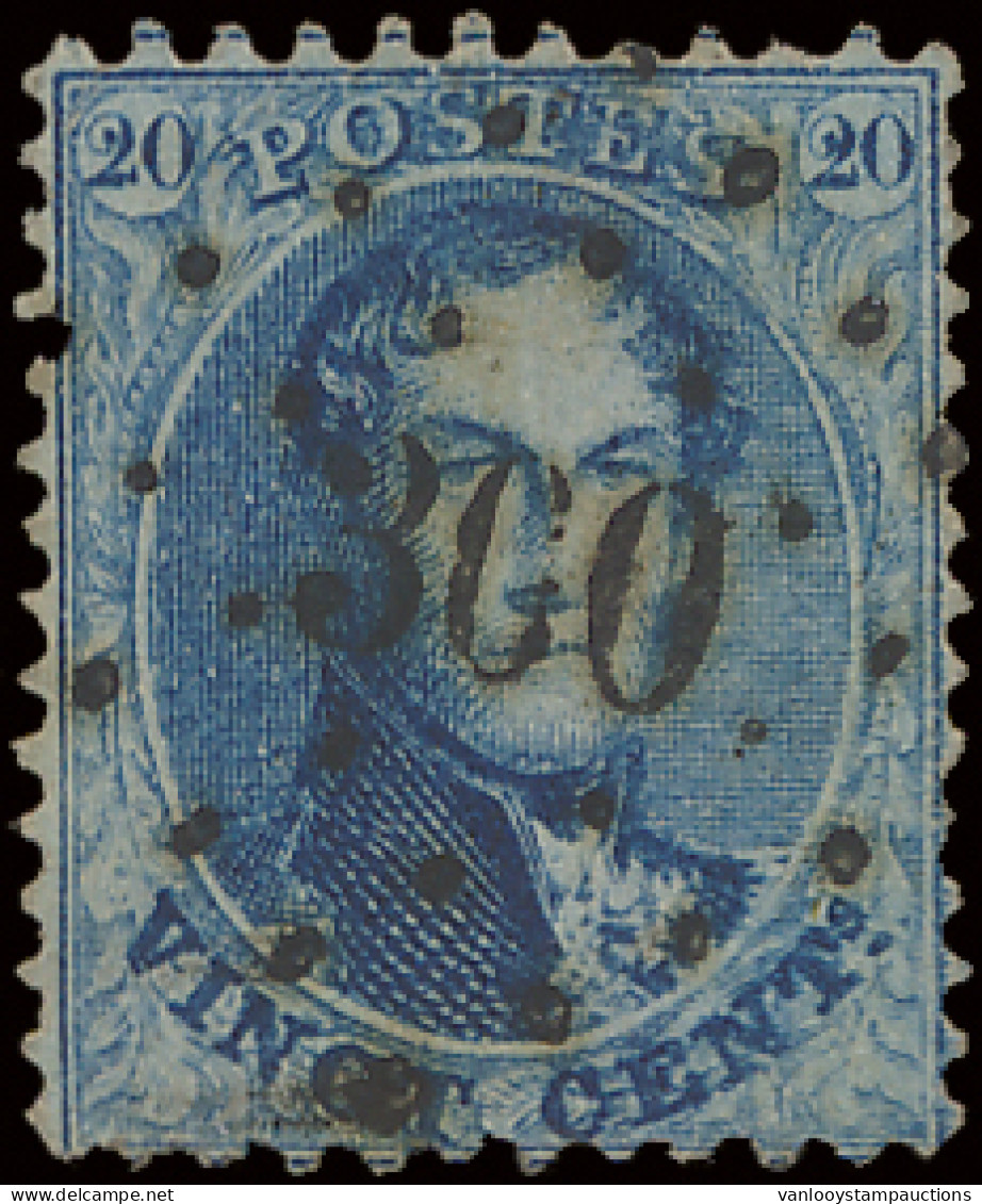 N° 15A 20c. Blauw, Tanding 12 1/2 X 13 1/2, Puntstempel 300 Puers, Prachtig Centraal Gestempeld, Zm (COBA +€20) - 1863-1864 Médaillons (13/16)