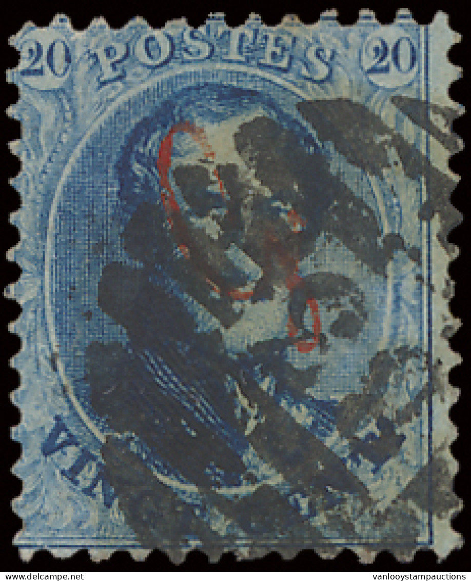 N° 15A 20c. Blauw, P.83 (8-balkenstempel) Met Guillochin Opdruk (zm), Zm (OBP €380) - 1863-1864 Médaillons (13/16)