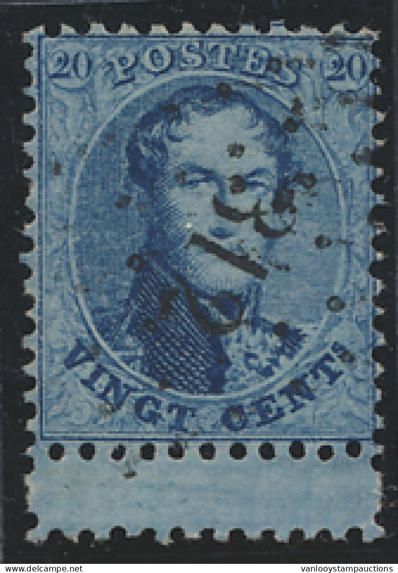 N° 15A 20c. Blauw, Tanding 12 1/2 X 13 1/2, Puntstempel 312 Rochefort Met Bladboord, Mooi Geheel, Zm (COBA +€8) - 1863-1864 Médaillons (13/16)