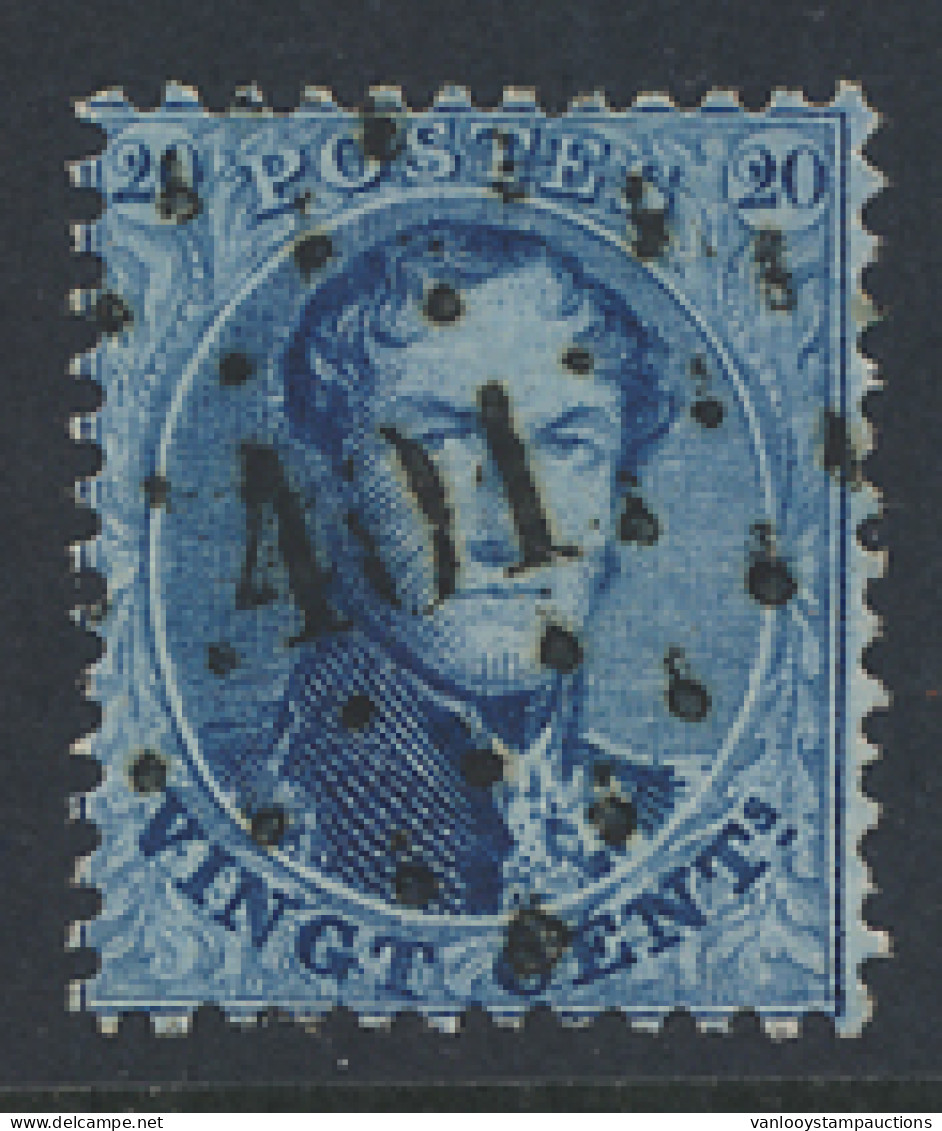 N° 15A 20c. Blauw, Tanding 12 1/2 X 13 1/2, Puntstempel 401 Wetteren, Zeer Goed Leesbaar En Centraal Gestempeld, Zm (COB - 1863-1864 Médaillons (13/16)