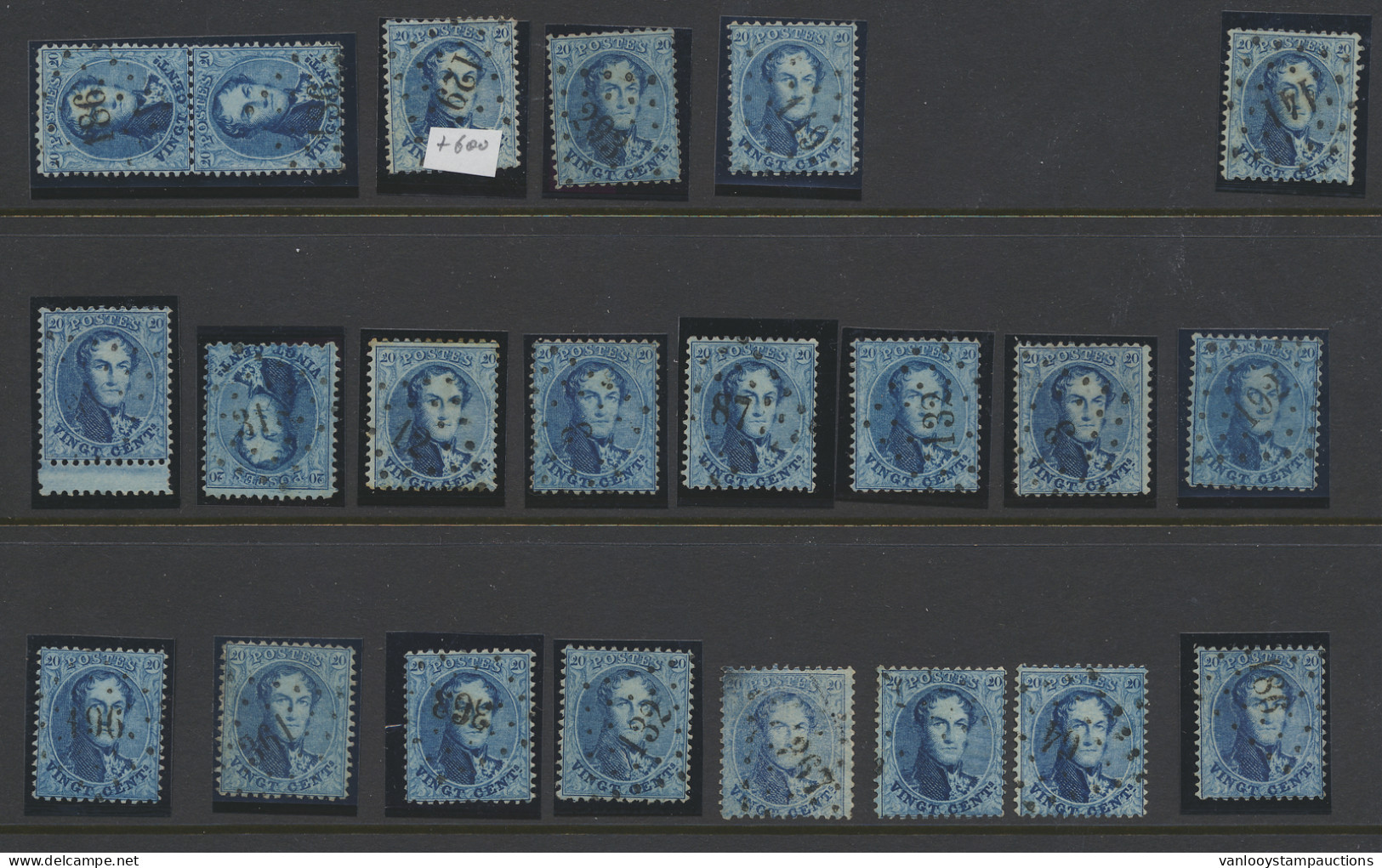 N° 15A 20c. Blauw, Tanding 12 1/2 X 13 1/2, 22 Exemplaren, W.o. Rechtopstaand Paartje, Puntstempels: 129, 149, 186, 293, - 1863-1864 Medallions (13/16)