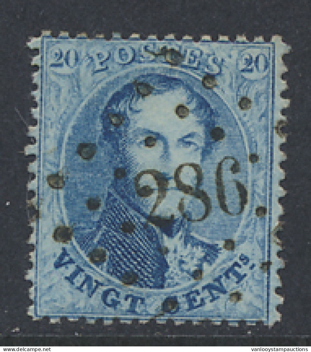 N° 15B 20c. Blauw Met Puntstempel 286 Overpelt, Zm (COBA €30) - 1863-1864 Médaillons (13/16)