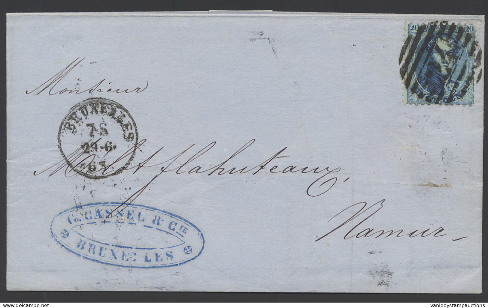 1863 N° 15 20c. Blauw, Met P.24 (10-balkenstempel), Dd. 29/6/63 Naar Namen, Zm/m - 1863-1864 Medallions (13/16)