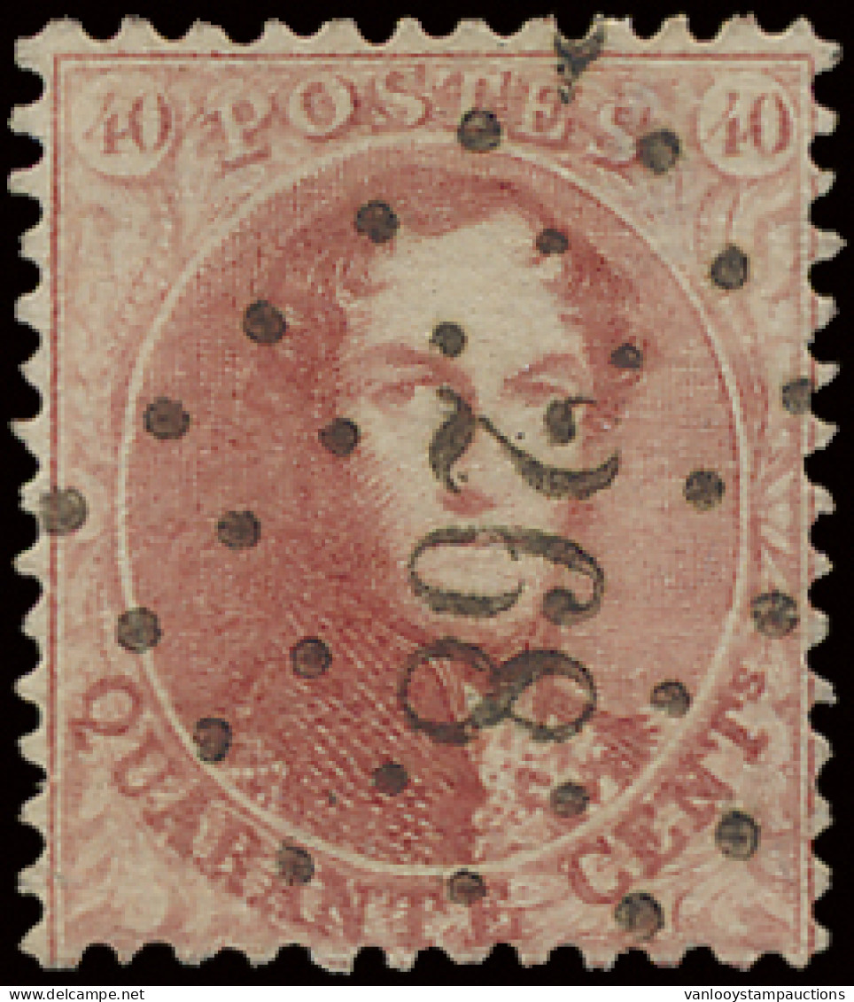 N° 16A 40c. Karmijnroze, Tanding 12 1/2 X 13 1/2, Puntstempel 268 Nessonvaux, Kleine Verdunning, Zm/m (COBA €60) - 1863-1864 Médaillons (13/16)