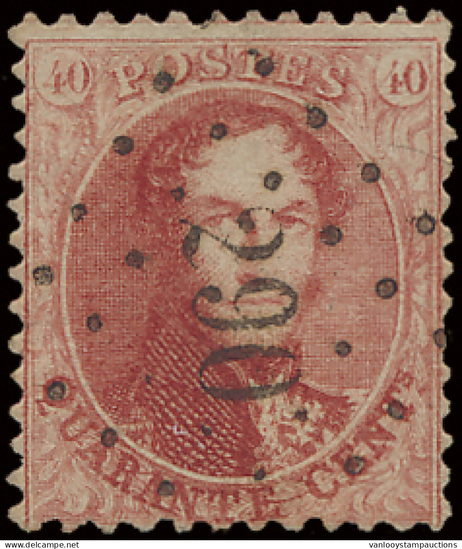 N° 16A 40c. Karmijnroze, Tanding 12 1/2 X 13 1/2, Puntstempel 290 Paturages, Zm (COBA €30) - 1863-1864 Medallions (13/16)