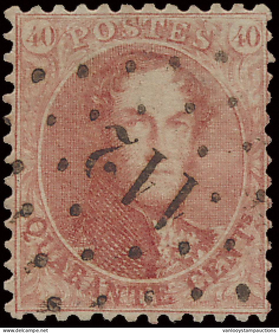 N° 16A 40c. Karmijnroze, Tanding 12 1/2 X 13 1/2, Puntstempel Ensival, Zm (COBA €25) - 1863-1864 Medallions (13/16)