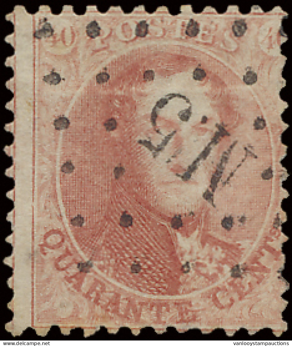 N° 16A 40c. Karmijnroze, Tanding 12 ½ X 13 1/2 Met Ambulant Afstempeling M.5, Prachtig, Zm (COBA €60) - 1863-1864 Médaillons (13/16)