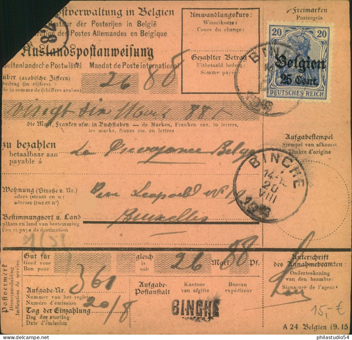 1918, Postanweisung Ab BINCHEmt - Sonstige & Ohne Zuordnung