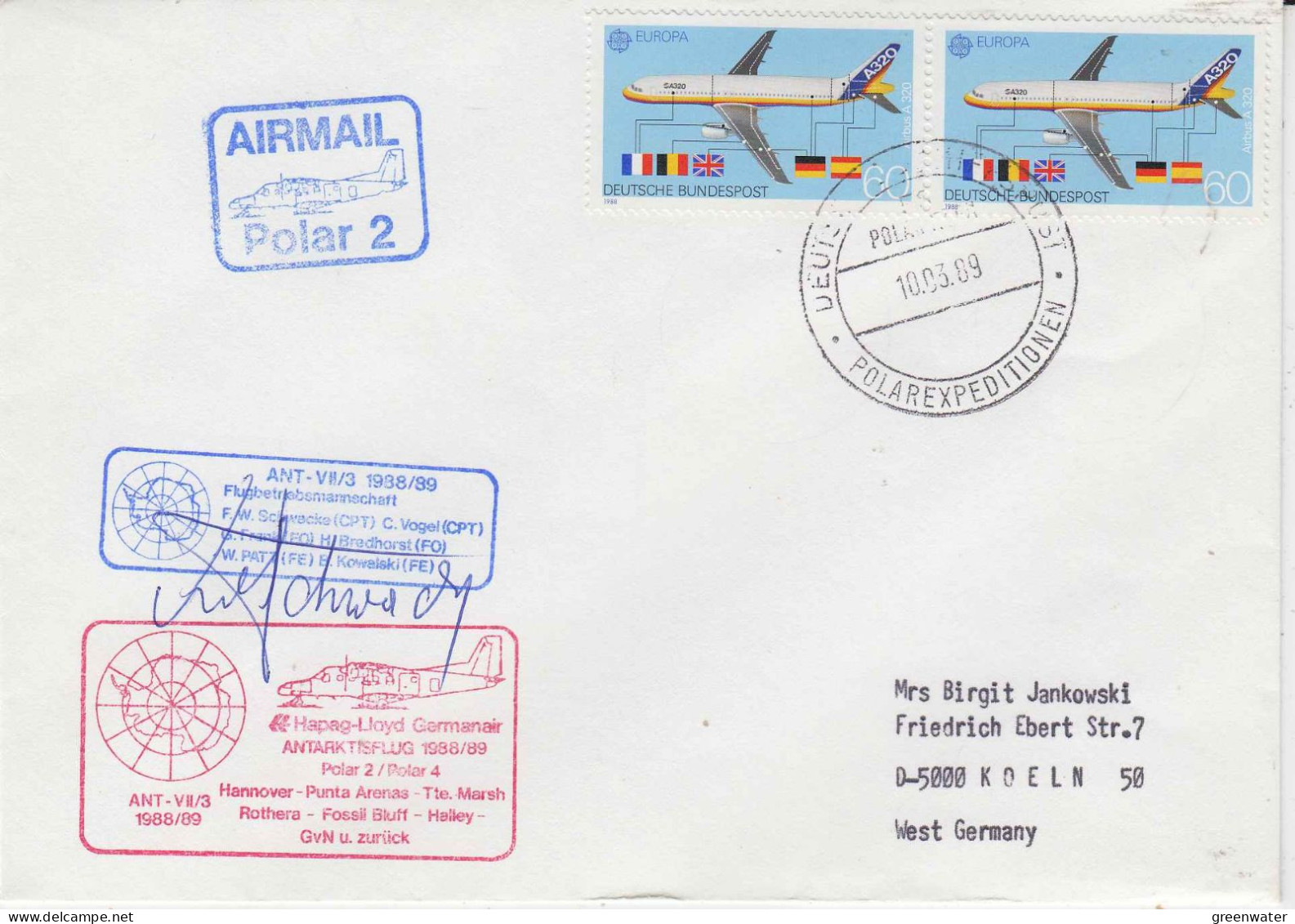 Germany Antarctic Flight Polar 2 Hannover To G. Von Neumayer Ca Deutsche Antarktisexpedition  10.03.1989 (PT163) - Vols Polaires