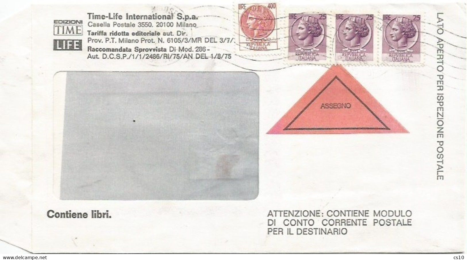 Busta Assegno Con Finestra Milano 29sep1976 X Città Affrancata Turrita L.475 - Poste Exprèsse/pneumatique