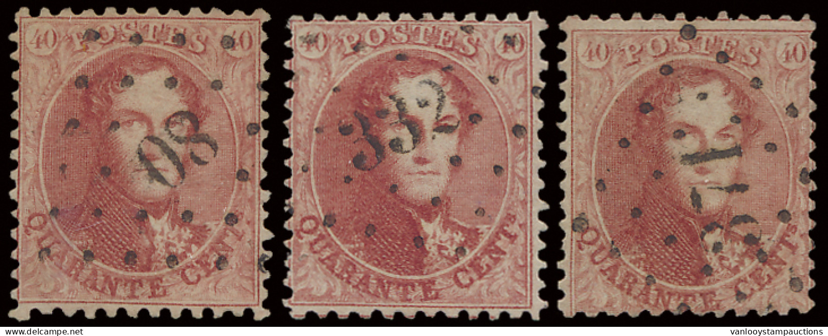 N° 16A 40c. Karmijnroze, Tanding 12 1/2 X 13 1/2 Met Puntstempels 80, 153, 332, 371, Enz., Totaal Van 15 Exemplaren, Zm/ - 1863-1864 Medallones (13/16)