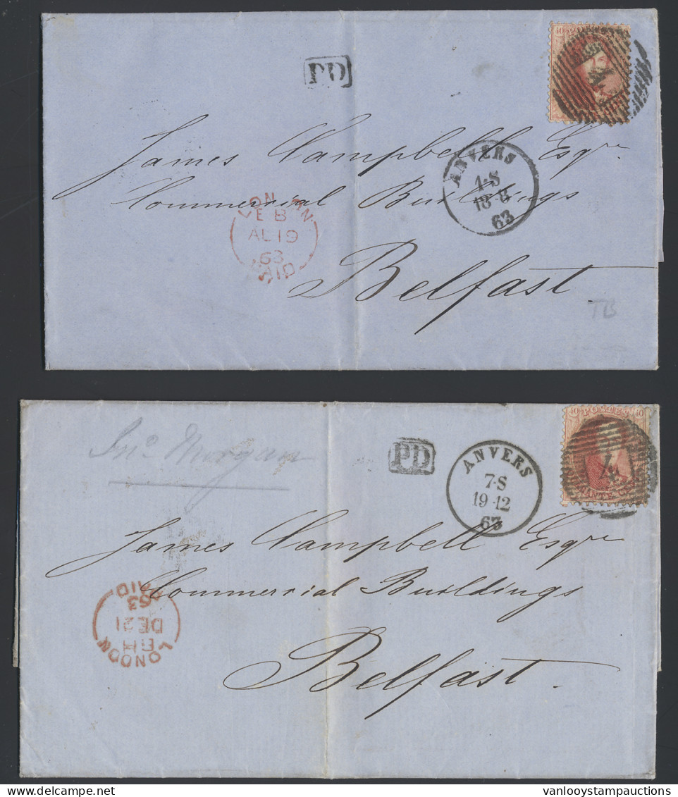 1862 N° 16 40c. Karmijnroze, Op Brief, P.4-Anvers, Dd. 19 December 62, Naar Belfast (Engeland), Twee Verschillende Grens - 1863-1864 Médaillons (13/16)