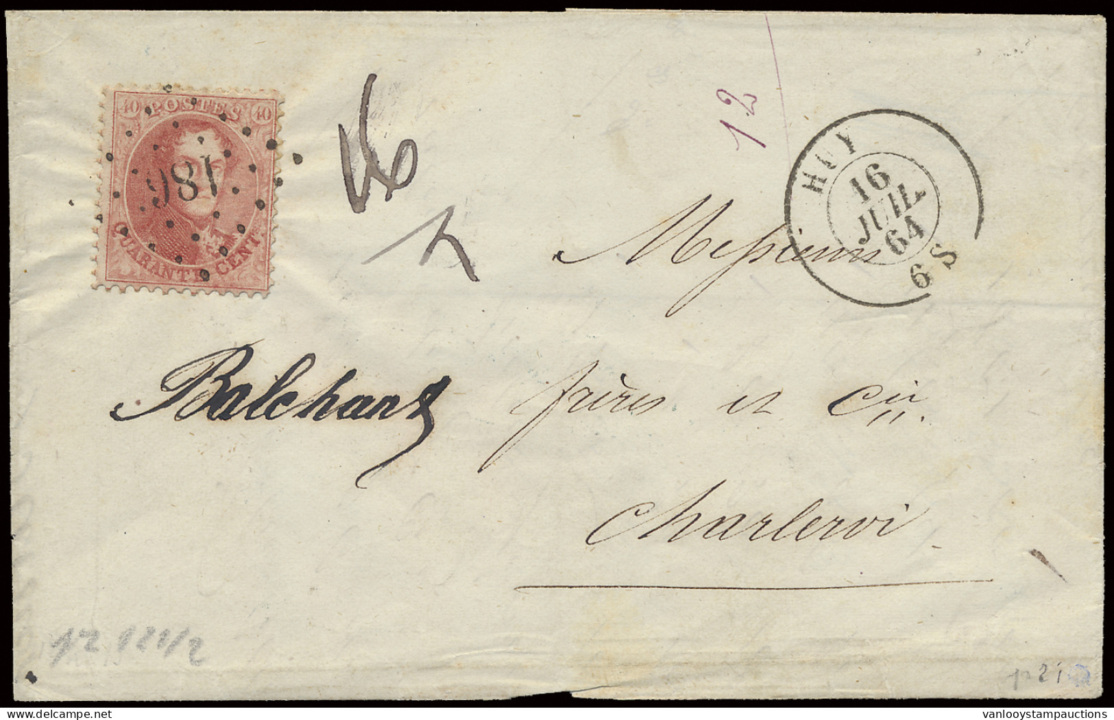 1864 N° 16 40c. Karmijnroze Op Brief, Puntafstempeling 186, Huy, Dd. 16/7/1864 Met Dubbele Port Binnenland, 16gr., Naar  - 1863-1864 Médaillons (13/16)