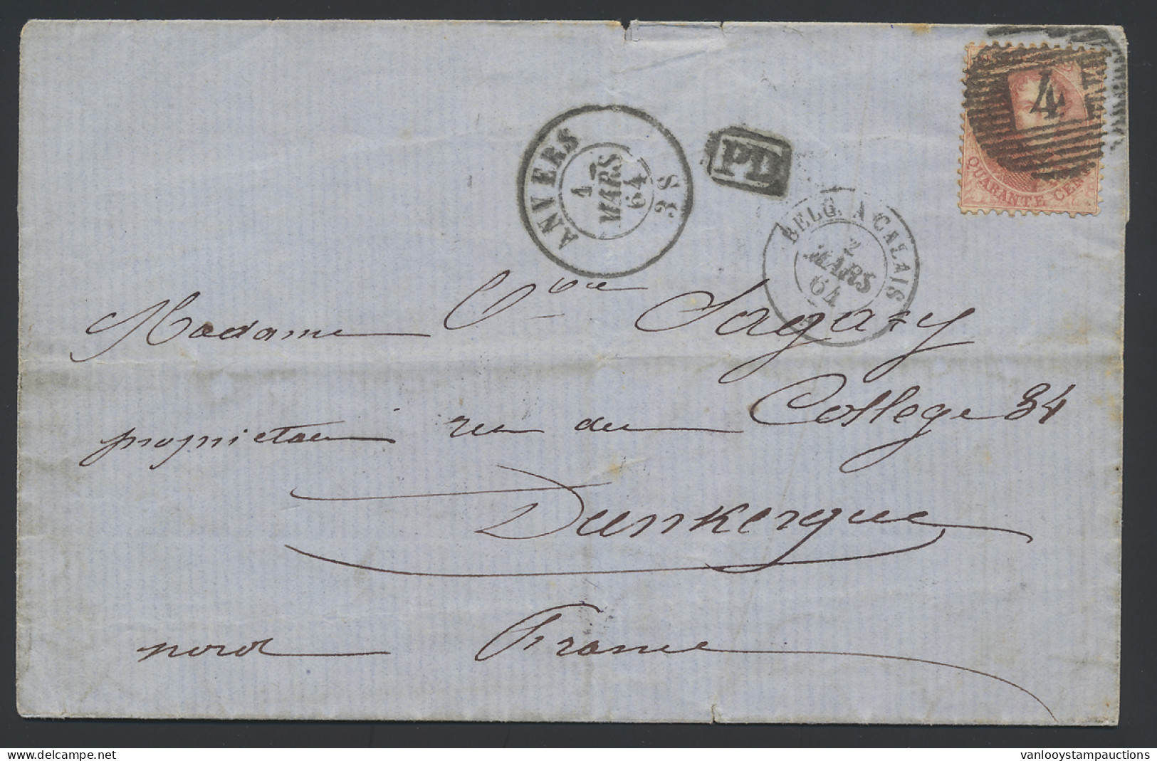 1864 N° 16 40c. Karmijnroze, Op Brief, P.4-Anvers, Dd. 1 Mars 64, Naar Duinkerke (Frankrijk), Twee Grensstempels Ambt Pa - 1863-1864 Medallions (13/16)