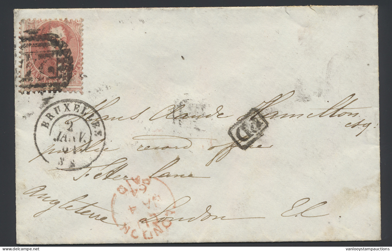 1864 N° 16 40c. Karmijnroze Op Brief, P.24-Brussel (10-balken), Dd. 2 Januari 64, Naar Londen (Engeland), Grensstempel A - 1863-1864 Médaillons (13/16)