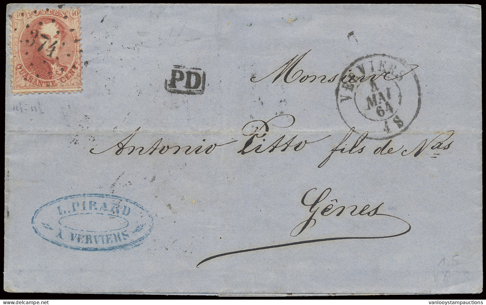 1864 N° 16 40c. Karmijnroze, Puntstempel 374, Verviers, Op Brief Zonder Inhoud Dd.4 Mei 1864, Vanuit Verviers, Naar Genu - 1863-1864 Medallions (13/16)