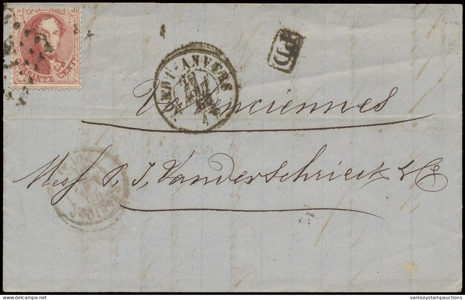 1865 N° 16 40c. Karmijnroze Op Brief Van Anvers Met Puntstempel N1 En D.C.a NORD1-ANVERS, Dd. 25/8/1865, PD In Kastje Na - 1863-1864 Medallions (13/16)