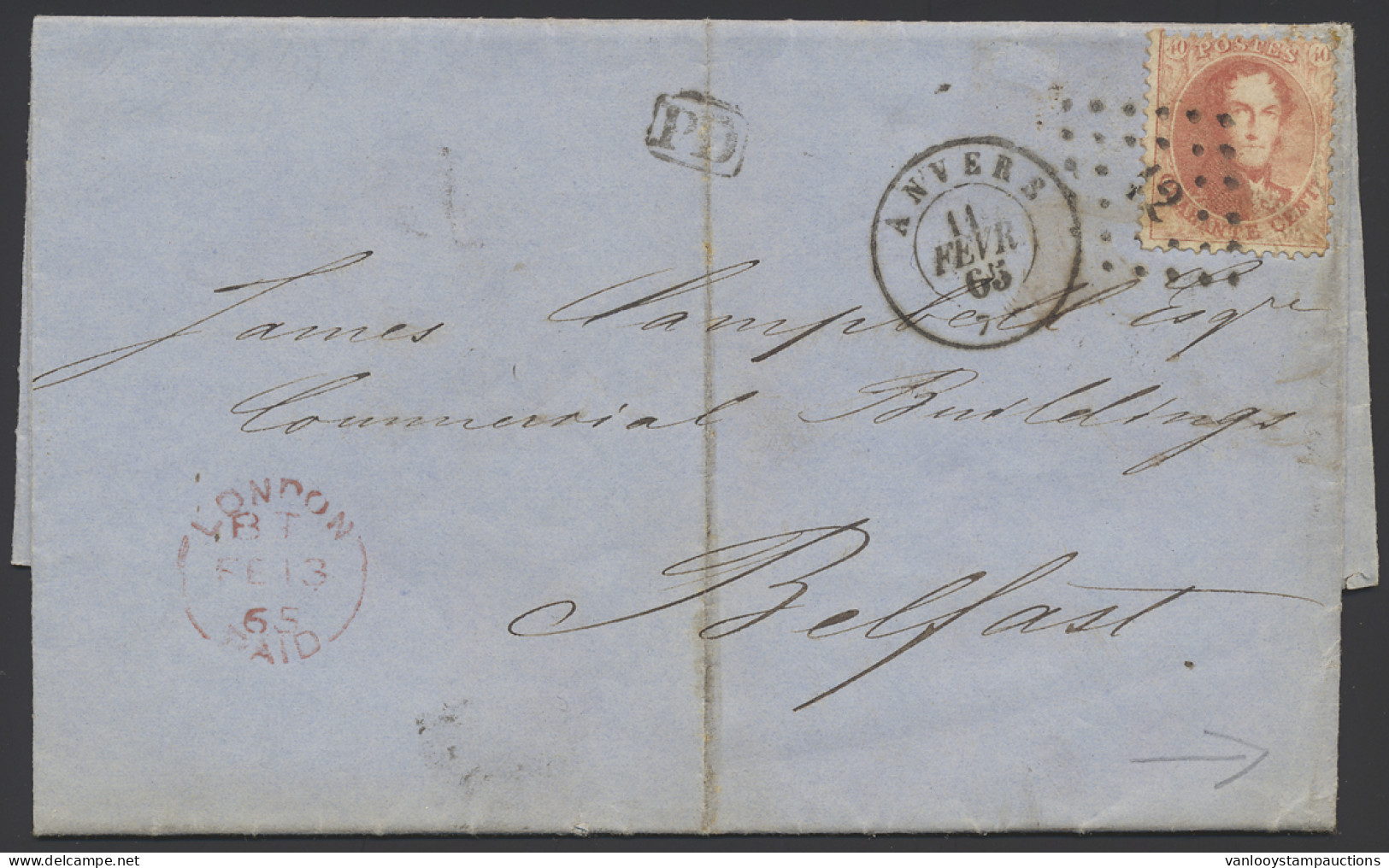 1865 N° 16 Op Brief Vanuit Antwerpen, Dd. 11/2/1865, Naar Belfast PD In Zwart Kastje, Mooie Afstempeling Van London En B - 1863-1864 Medallions (13/16)