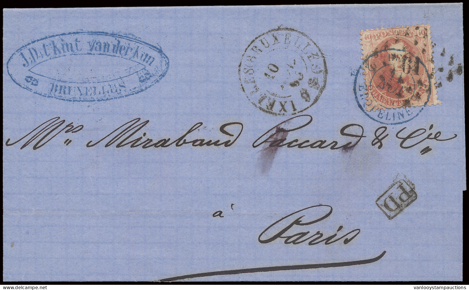 1865 Brief (zonder Inhoud) Gefrankeerd Met OBP N° 16B 40c. Karmijnroze, Verstuurd  In P.D. Uit Ixelles/Bruxelles 10/11/1 - 1863-1864 Medallions (13/16)