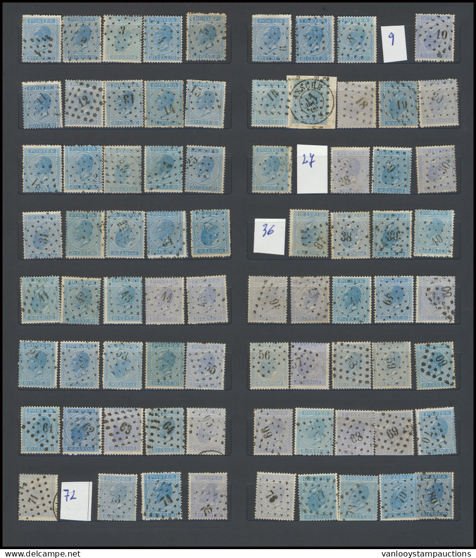 N° 18 20c. Blauw, Studieverzameling Puntstempels, 376 Zegels Alle Verschillende Nummers, Zm (OBP +/-€1.130 + COBA €5.200 - 1865-1866 Profile Left