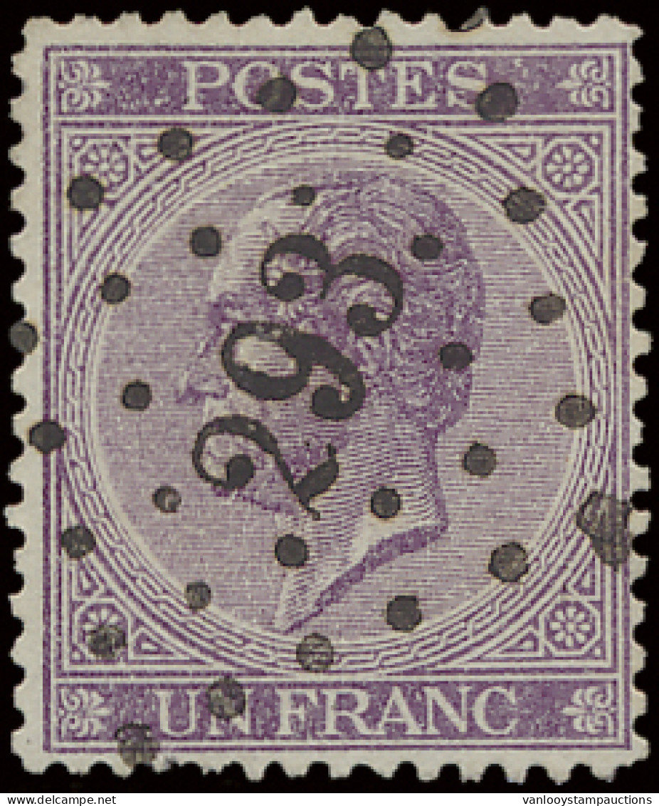 N° 21A 1fr. Violet, Puntstempel 293 Peruwelz, Zm (OBP €110 + COBA €25) - 1865-1866 Linksprofil