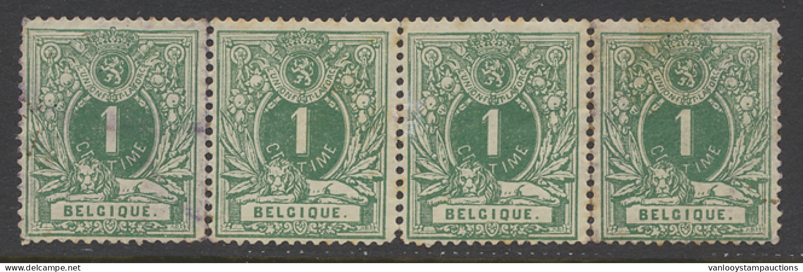 **/* N° 26 1c. Groen In Strip Van 4, Enkele Roestplekjes, 3 Postfris + 1 Met Scharnier, Ntz (OBP +€150) - 1869-1883 Léopold II