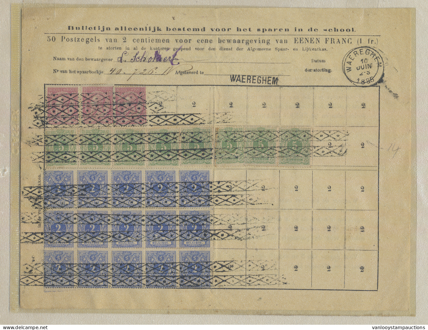 N° 27 (15x), 45 (8x) En 46 (3x) Tezamen 1 Frank, Op Spaarkaart, Met Roulette Afstempeling, Stempel Waereghem (T0), Zeer  - 1869-1883 Leopold II