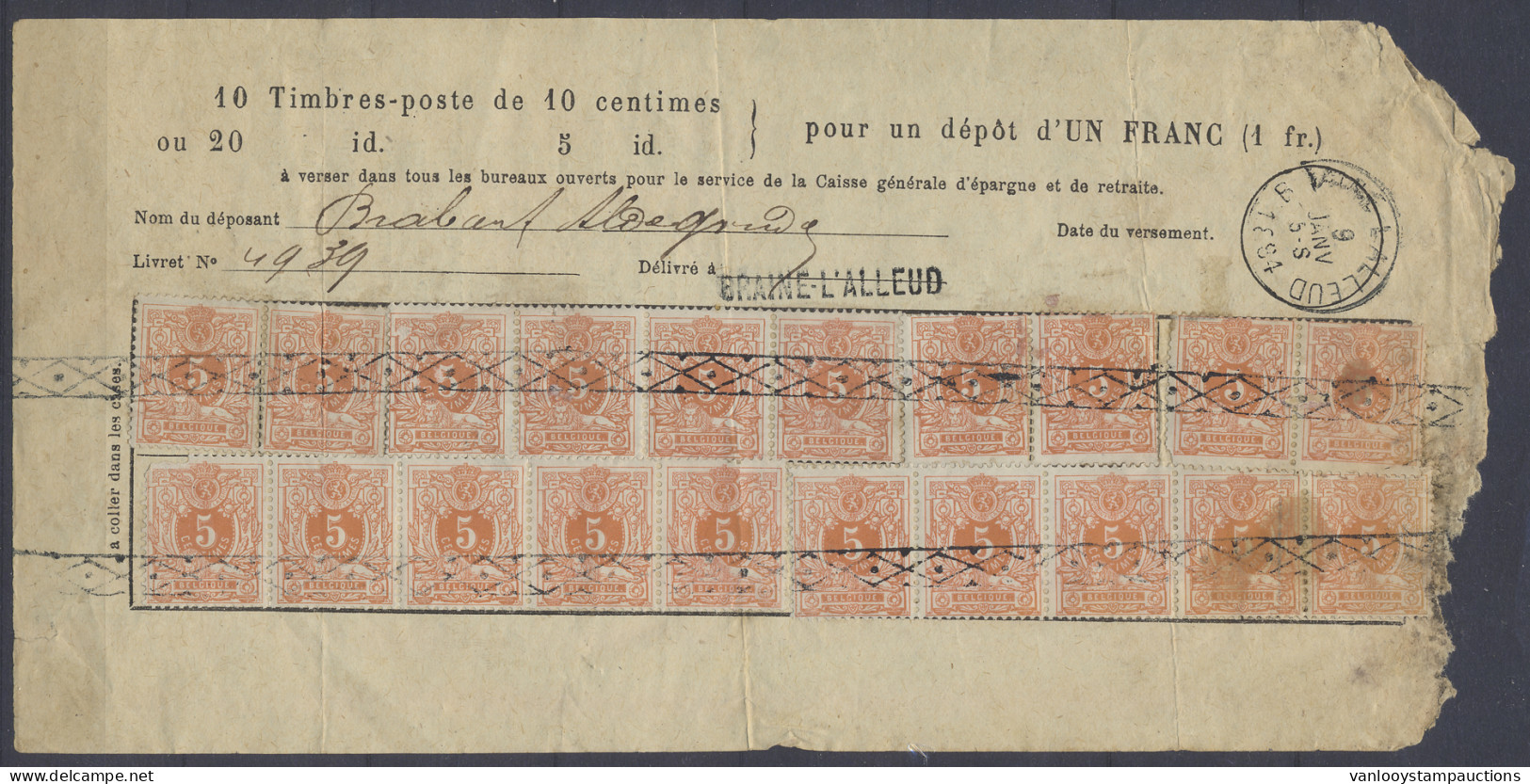 N° 28 5c. Okerrood, Op Spaarkaart, 20 Exemplaren Met Roulette Afstempeling, Afstempeling Braine-L'Alleud, Zeer Mooi Voor - 1869-1883 Léopold II